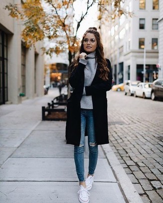 Women's White Low Top Sneakers, Blue Ripped Skinny Jeans, Grey Cowl-neck Sweater, Black Open Cardigan