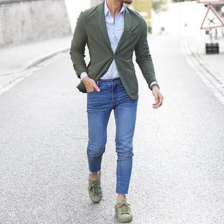 Olive Blazer with Olive Low Top Sneakers Outfits For Men: 