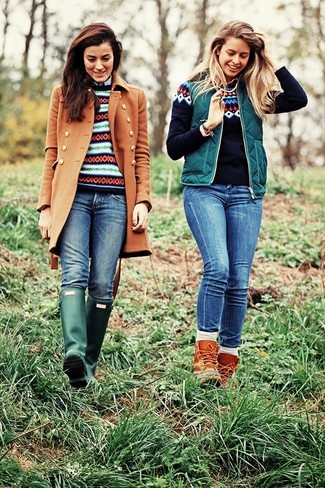 Navy Fair Isle Crew-neck Sweater Outfits For Women: 