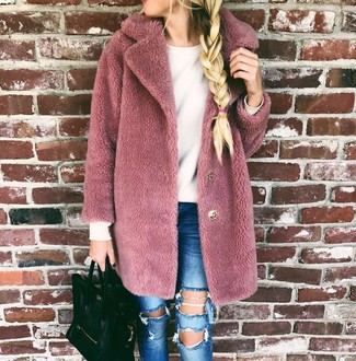 Women's Black Leather Tote Bag, Blue Ripped Skinny Jeans, White Crew-neck Sweater, Pink Fur Coat