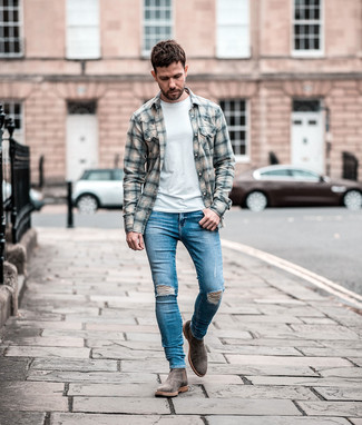 Men's Grey Suede Chelsea Boots, Blue Ripped Skinny Jeans, White Crew-neck T-shirt, Grey Plaid Flannel Long Sleeve Shirt