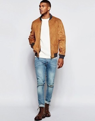 Men's Dark Brown Leather Brogue Boots, Blue Ripped Skinny Jeans, White Crew-neck T-shirt, Tobacco Suede Bomber Jacket
