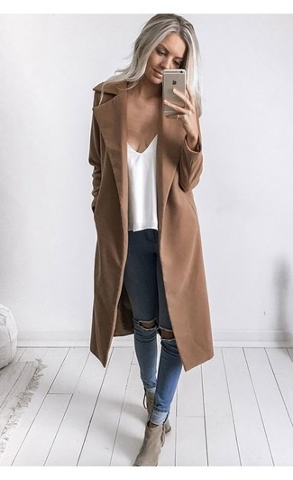 Women's Grey Suede Ankle Boots, Blue Ripped Skinny Jeans, White Silk Tank, Camel Coat