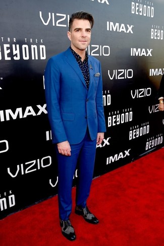 Zachary Quinto wearing Blue Suit, Navy Polka Dot Long Sleeve Shirt, Black Leather Brogues