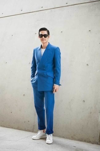 Men's Blue Suit, White Crew-neck T-shirt, White Leather Low Top Sneakers, Charcoal Sunglasses