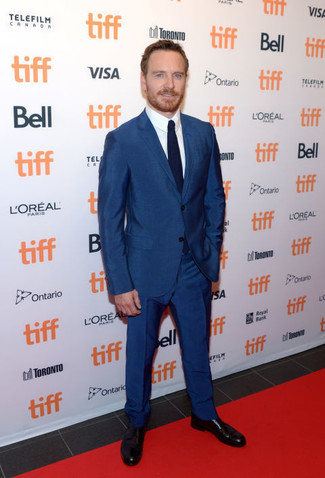 Michael Fassbender wearing Blue Suit, White Dress Shirt, Black Leather Derby Shoes, Navy Tie
