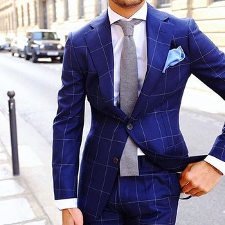 Grey Knit Tie Outfits For Men: Team a blue check suit with a grey knit tie for seriously dapper attire.