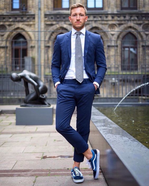Navy Blue Suit with White Sneakers