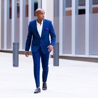 Purple Pocket Square Outfits: Why not dress in a blue suit and a purple pocket square? As well as super comfortable, these pieces look cool when teamed together. Complement this ensemble with a pair of navy leather double monks for an on-trend hi-low mix.