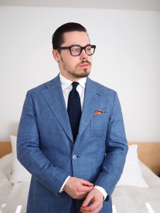 Orange Print Pocket Square Outfits: For a casually stylish outfit, consider wearing a blue suit and an orange print pocket square — these items work really great together.