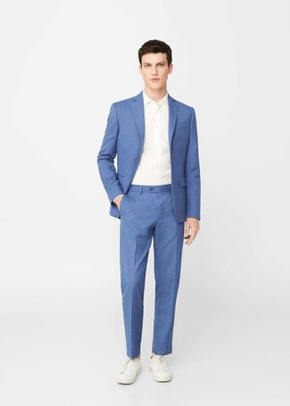 Men's Blue Suit, White Dress Shirt, White Leather Low Top Sneakers