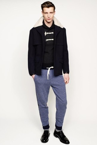 Men's Black Leather Derby Shoes, Blue Sweatpants, Charcoal Shawl-Neck Sweater, Navy Fur Collar Coat