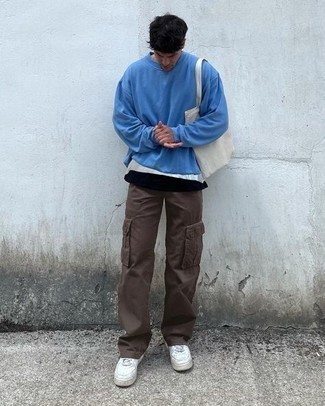 Men's Blue Sweatshirt, Dark Brown Cargo Pants, White Leather Low Top Sneakers, White Canvas Tote Bag