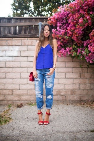Women's Blue Tank, Blue Ripped Boyfriend Jeans, Red Leather Heeled Sandals, Red Leather Crossbody Bag