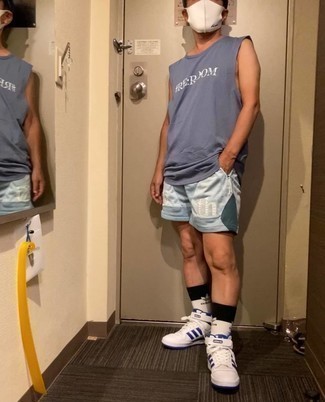500+ Relaxed Hot Weather Outfits For Men: This combination of a blue print tank and light blue print sports shorts is hard proof that a simple casual outfit doesn't have to be boring. White and navy leather high top sneakers will put a more polished spin on your outfit.