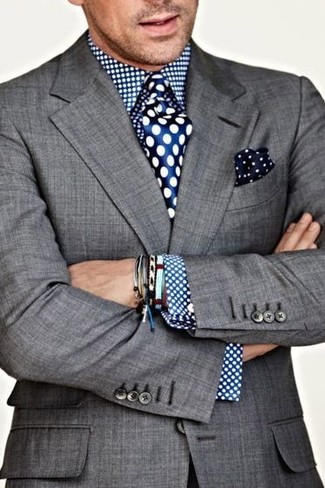 Blue Polka Dot Silk Tie Outfits For Men: 