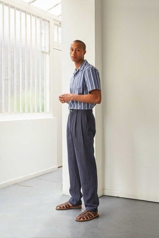 Men's Blue Vertical Striped Short Sleeve Shirt, Navy Chinos, Brown Leather Sandals