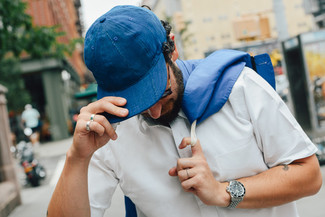 Men's Blue Windbreaker, White Short Sleeve Shirt, Blue Baseball Cap