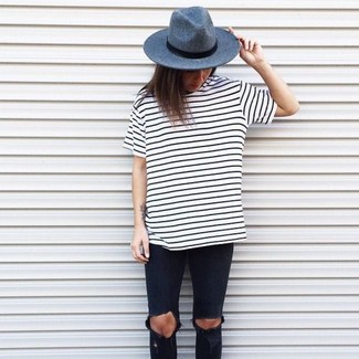 White and Black Horizontal Striped Crew-neck T-shirt Outfits For Women: 