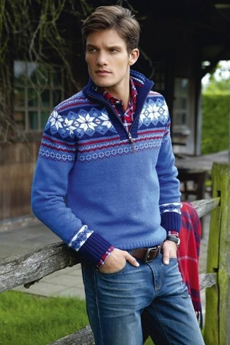 Men's Blue Fair Isle Zip Neck Sweater, Red Plaid Long Sleeve Shirt, Blue Jeans, Dark Brown Leather Belt