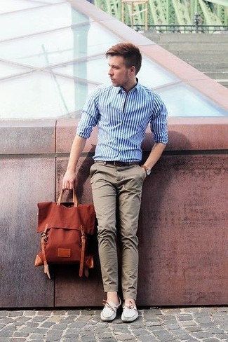 Men's Tobacco Backpack, Grey Leather Boat Shoes, Grey Chinos, White and Blue Vertical Striped Dress Shirt