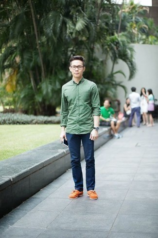 Men's Clear Sunglasses, Orange Leather Boat Shoes, Navy Chinos, Green Long Sleeve Shirt