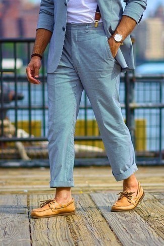 Light Blue Vertical Striped Suit Warm Weather Outfits: 