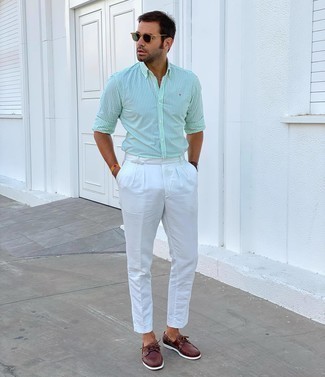 Mint Vertical Striped Long Sleeve Shirt Outfits For Men: 