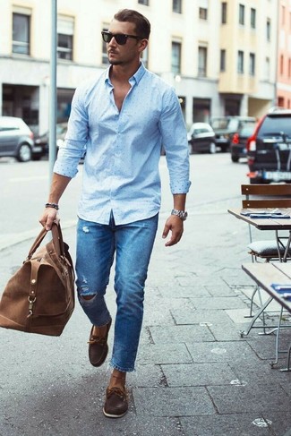 Men's Brown Leather Duffle Bag, Dark Brown Leather Boat Shoes, Blue Ripped Jeans, Light Blue Polka Dot Dress Shirt