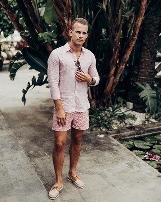 Pink Linen Long Sleeve Shirt Outfits For Men: 