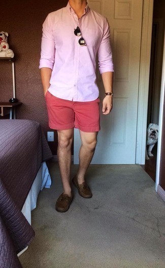 Men's Dark Brown Sunglasses, Dark Brown Leather Boat Shoes, Red Shorts, Pink Long Sleeve Shirt