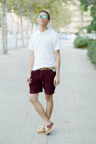 Men's Brown Print Leather Belt, Yellow Leather Boat Shoes, Burgundy Shorts, White Polo