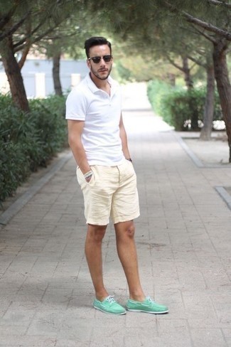Men's Dark Brown Sunglasses, Mint Canvas Boat Shoes, Beige Shorts, White Polo