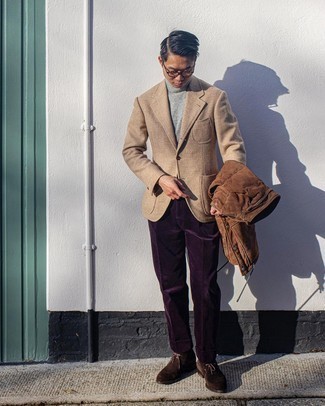 1200+ Chill Weather Outfits For Men: For masculine refinement with a clear fashion twist, marry a brown suede bomber jacket with violet corduroy dress pants. Why not take a more laid-back approach with shoes and introduce a pair of dark brown suede desert boots to the mix?