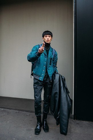 Black Canvas Backpack Outfits For Men: A teal bomber jacket and a black canvas backpack are a nice look to keep in your closet. A cool pair of black leather chelsea boots is an effective way to transform your outfit.