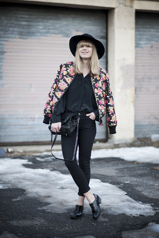 Black Silk Button Down Blouse Outfits: If you gravitate towards relaxed outfits, why not choose a black silk button down blouse and a black floral bomber jacket? You can take a classier approach with shoes and grab a pair of black leather ankle boots.