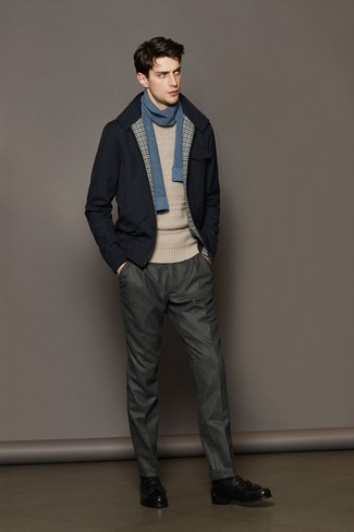 Blue Scarf Outfits For Men: A navy wool bomber jacket and a blue scarf are a good getup to add to your current collection. For something more on the dressier end to round off this look, complement this outfit with a pair of black leather tassel loafers.