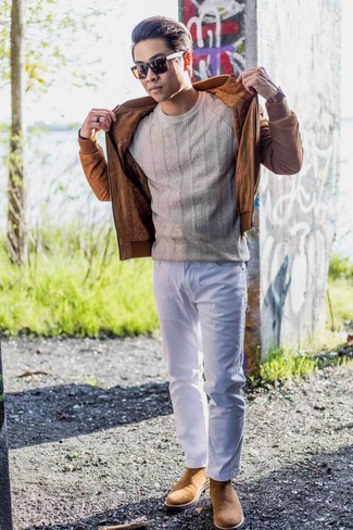 Men's Tobacco Suede Bomber Jacket, Beige Cable Sweater, White Jeans, Tan Suede Chelsea Boots