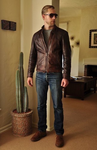 Leather Sleeve Bomber Jacket Brown