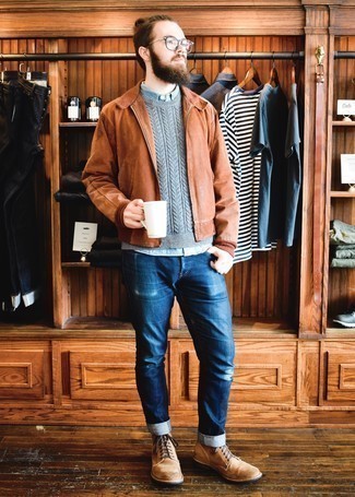 Men's Brown Suede Bomber Jacket, Grey Cable Sweater, Light Blue Chambray Long Sleeve Shirt, Navy Jeans