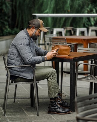Grey Quilted Bomber Jacket Outfits For Men: You're looking at the hard proof that a grey quilted bomber jacket and olive chinos look amazing when married together in a casual look. Why not add black leather casual boots to this ensemble for a bit of polish?