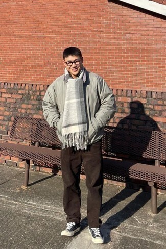 Men's Grey Bomber Jacket, Dark Brown Chinos, Black and White Canvas Low Top Sneakers, Grey Plaid Scarf
