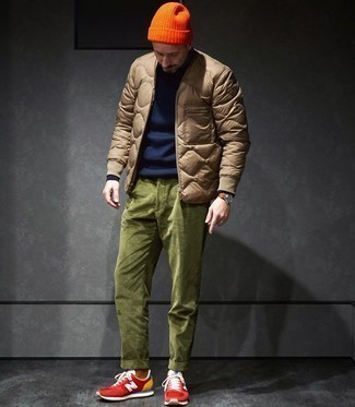 Men's Tan Quilted Bomber Jacket, Navy Crew-neck Sweater, Olive Corduroy Chinos, Red and White Athletic Shoes