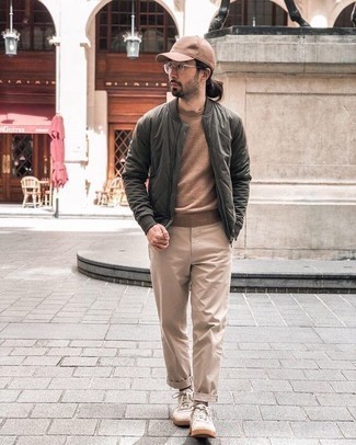 Dark Brown Horizontal Striped Socks Outfits For Men: A well put together casual combination of an olive quilted bomber jacket and dark brown horizontal striped socks will set you apart effortlessly. Beige canvas low top sneakers are an effortless way to add a confident kick to the getup.