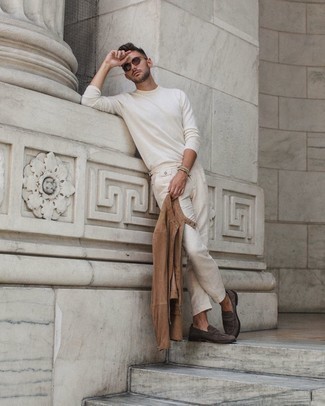 Grey Bracelet Outfits For Men: Marry a brown suede bomber jacket with a grey bracelet for a kick-ass and fashionable ensemble. Play up the formality of this ensemble a bit by slipping into charcoal suede loafers.