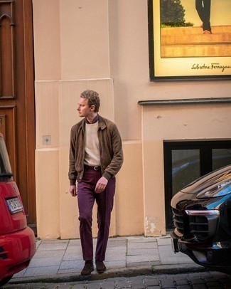 Burgundy Scarf Outfits For Men: Go for a straightforward but at the same time laid-back and cool getup pairing a brown suede bomber jacket and a burgundy scarf. For a more polished vibe, why not complement your getup with dark brown suede loafers?