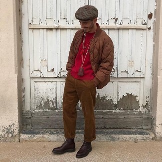 Dark Brown Leather Casual Boots Outfits For Men: Pair a brown quilted bomber jacket with brown corduroy chinos for an off-duty look with a modern take. Showcase your refined side by finishing with dark brown leather casual boots.