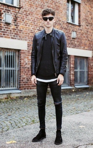 Black Suede Desert Boots Outfits: Go for a pared down yet casual and cool option by marrying a black leather bomber jacket and black ripped skinny jeans. A pair of black suede desert boots will add a different twist to an otherwise mostly dressed-down getup.