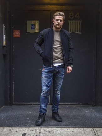 Navy Ripped Jeans Outfits For Men: Flaunt your prowess in menswear styling by teaming a navy bomber jacket and navy ripped jeans for a street style getup. Feeling brave today? Dial down your ensemble by rocking a pair of black athletic shoes.