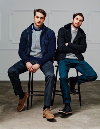 Brown Suede Brogues Outfits: This sophisticated combo of a navy bomber jacket and charcoal dress pants will allow you to flex your sartorial expertise. Look at how great this ensemble goes with a pair of brown suede brogues.